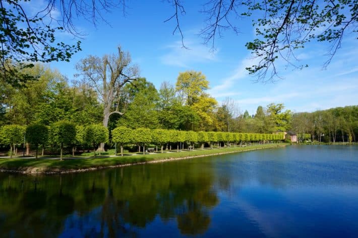 Schlosspark vom Schloss Wickrath in Mönchengladbach, Wasser, Bäume, blauer Himmel 